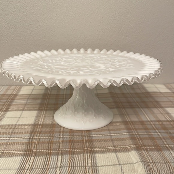 Fenton Silver Crest Ruffled Pedestal Cake Stand Serving Plate Hobnail Milk Glass - Picture 9 of 11